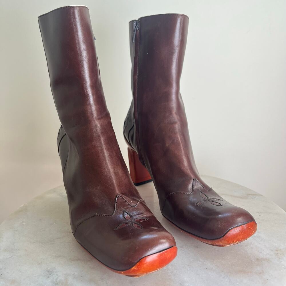 VTG Graye Italian Leather Mid Calf Boots 90s Y2K Western Square Toe Brown Sz 41